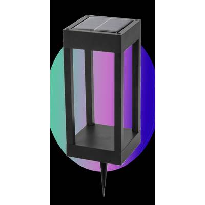Black, rectangular solar lantern with ground spike, against a background of gradient colours.