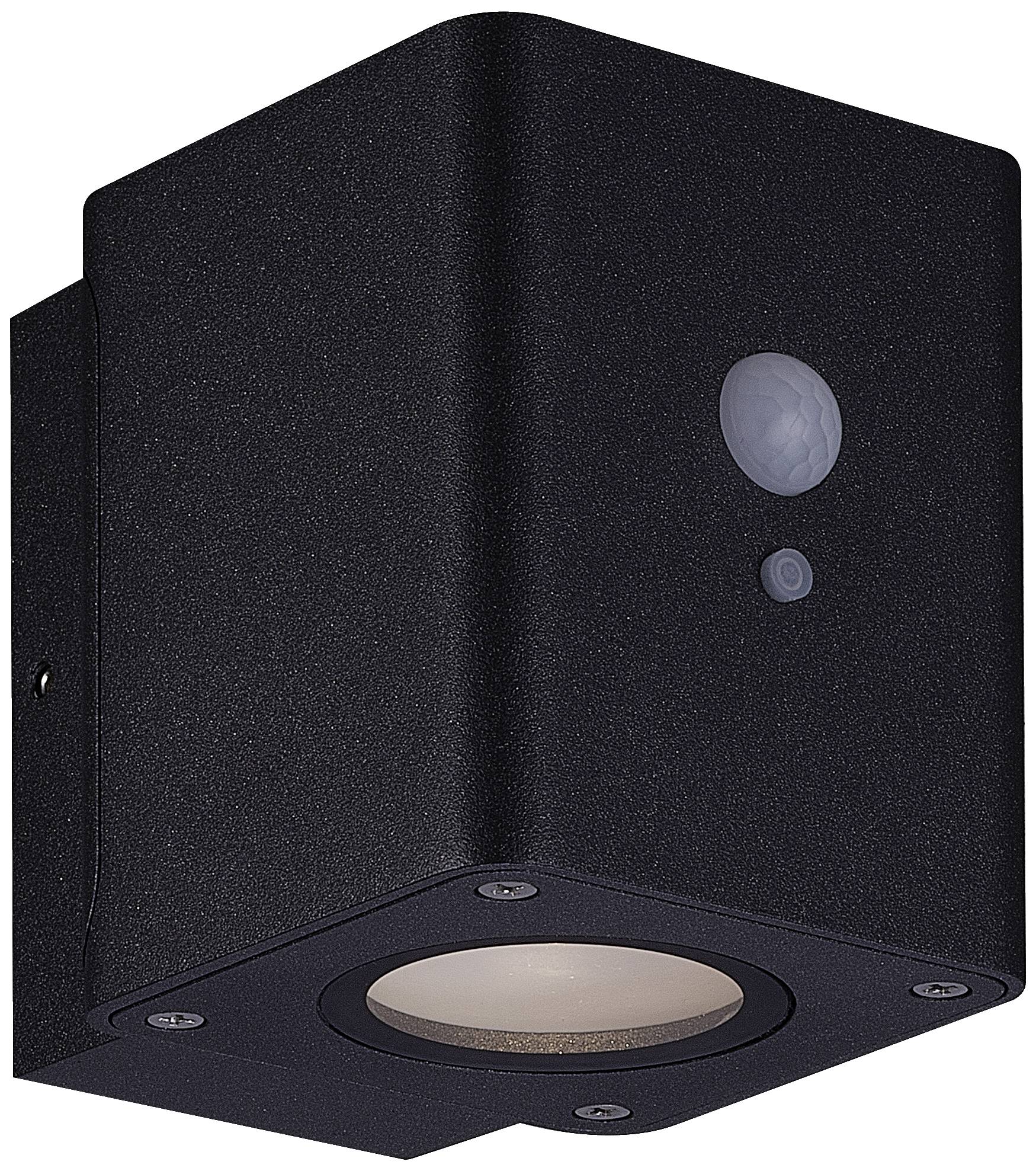 A black, square outdoor light with an integrated motion sensor and downward-facing illumination.