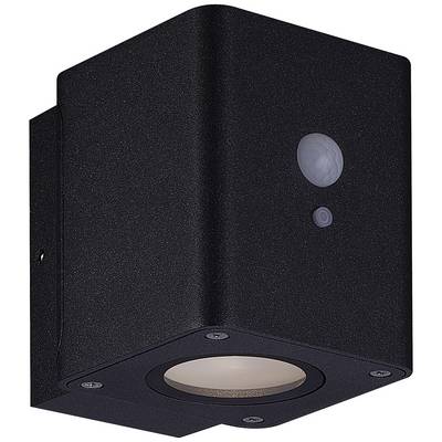 A black, square outdoor light with an integrated motion sensor and downward-facing illumination.