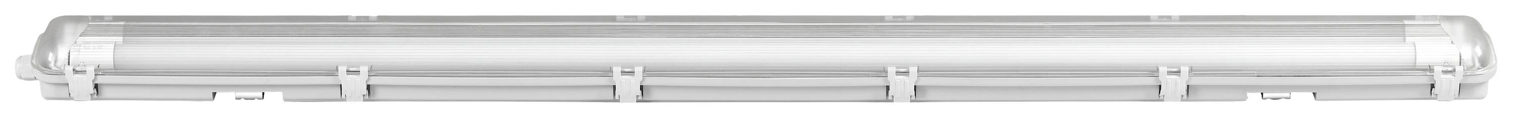 A slender, elongated light bar with a transparent housing, suitable for ceiling mounting in commercial or industrial environments.