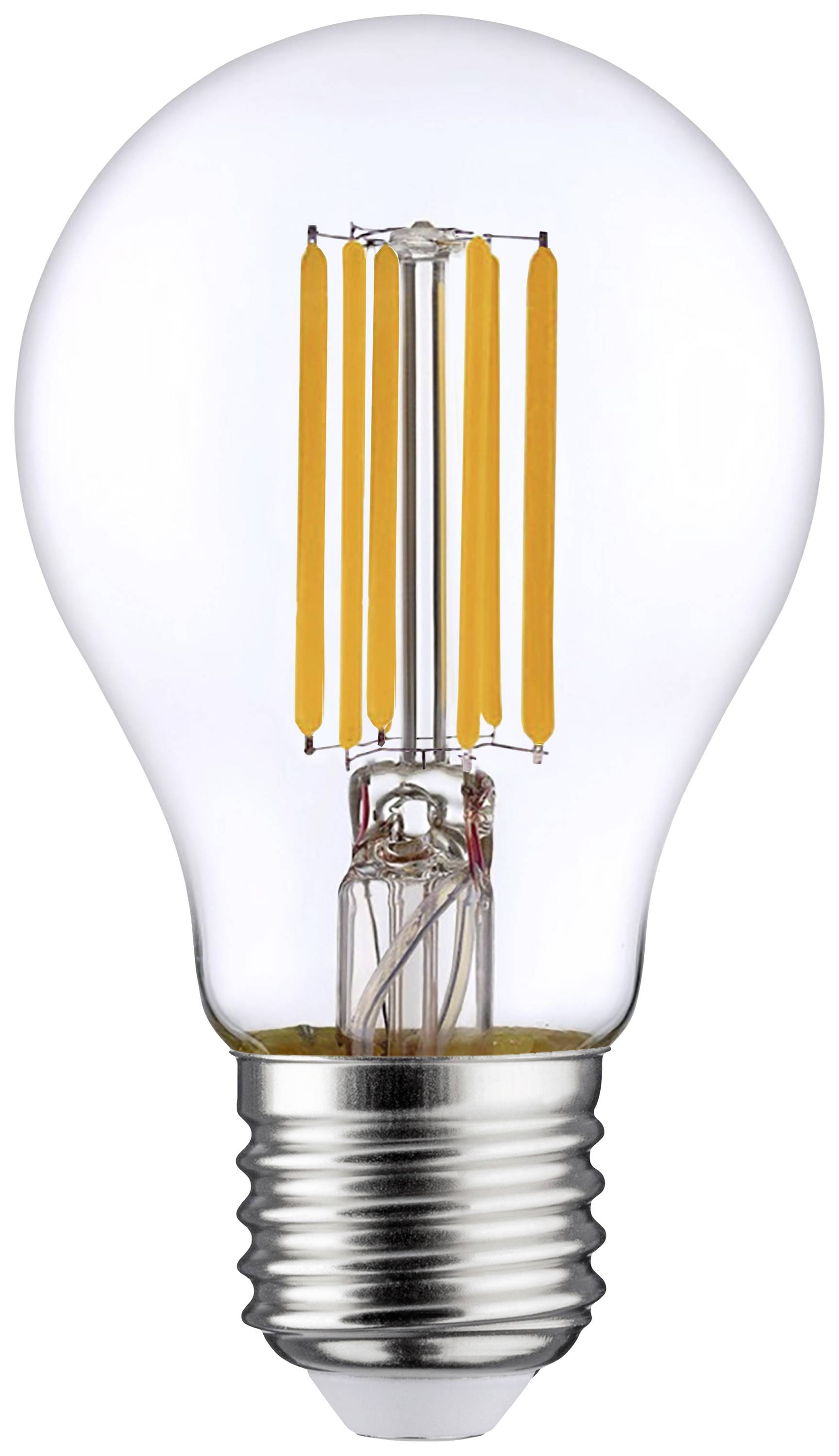 An LED filament bulb with visible filaments, clear glass body and silver base, against a neutral background.<br><br>Note: This is already very close to British English, so minimal changes were required.
