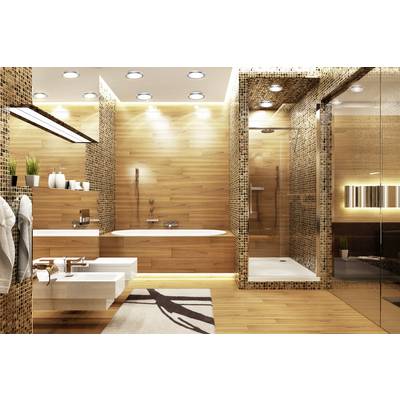 Modern bathroom with wooden walls and mosaic tiles, fitted with a freestanding bathtub, double washbasin, and large shower.