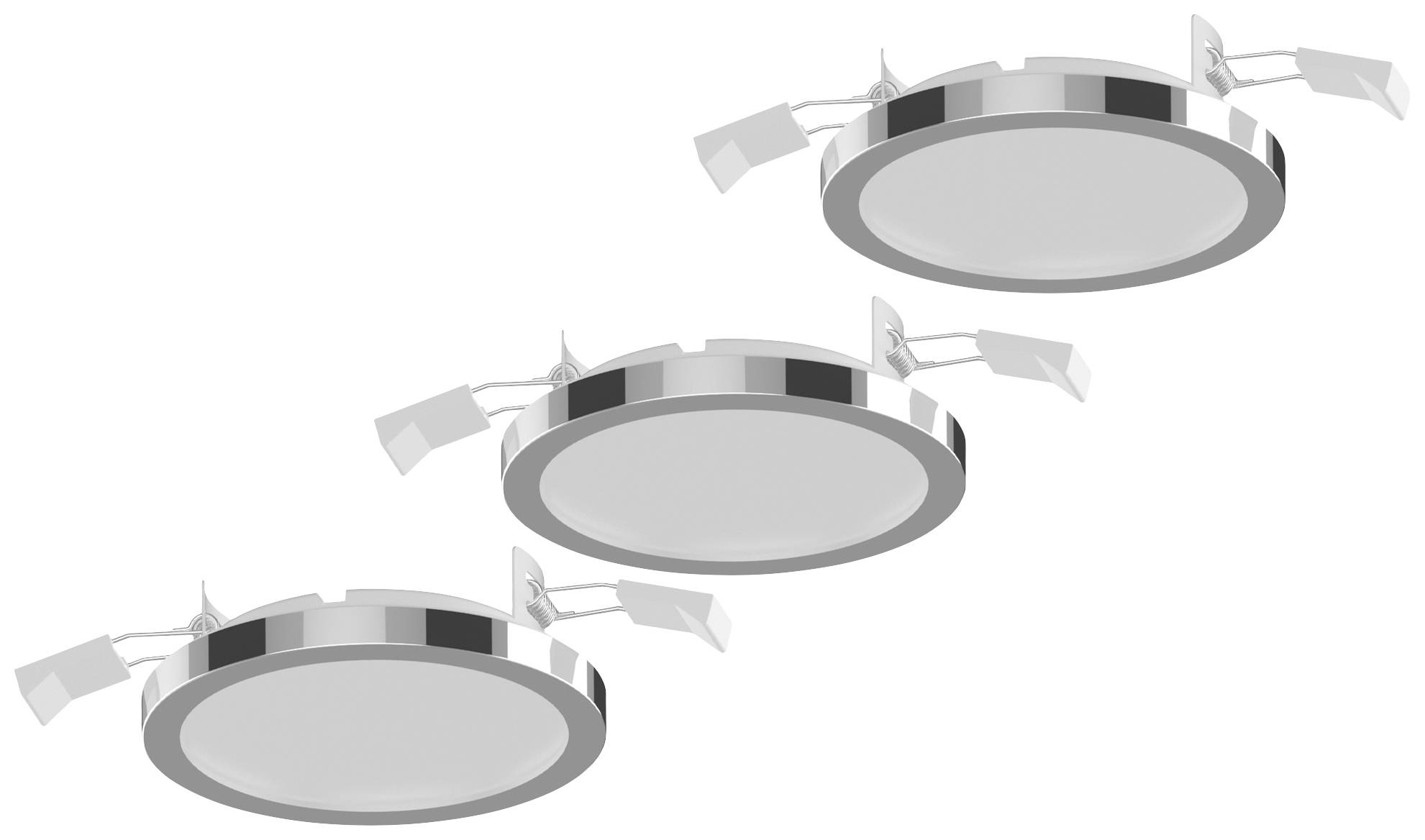Three round recessed LED lights in chrome finish, each with two clips on the sides. They are designed for ceiling mounting.