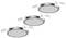 Three round recessed LED lights in chrome finish, each with two clips on the sides. They are designed for ceiling mounting.
