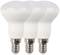 Three white LED light bulbs with standard E27 screw base, standing side by side. Energy-efficient and long-lasting.
