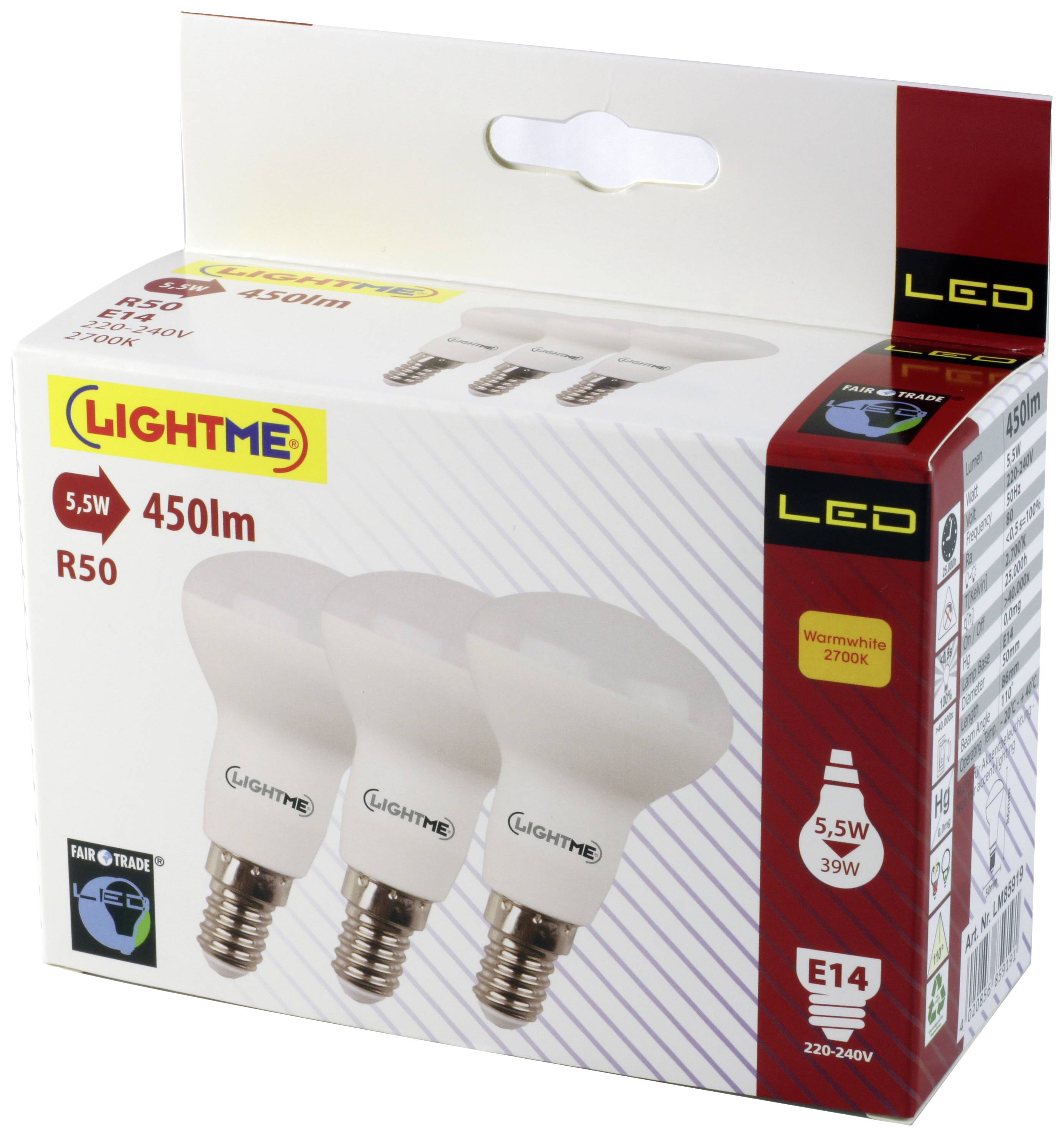 Packaging of LED light bulbs with E14 bayonet caps, 450 lumens and 5.5W power. Three bulbs are pictured, Fairtrade seal present.