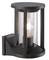 Black wall lamp with cylindrical glass and exposed bulb, suitable for outdoor areas.