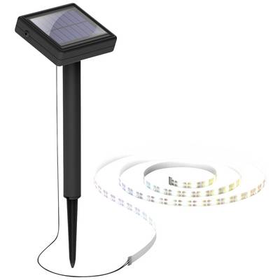 Solar-powered LED string lights with long ground spike and solar panel. String lights illuminating in various colours.