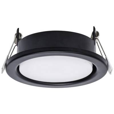 Black round LED recessed spotlight with white light, side-mountable metal brackets visible.