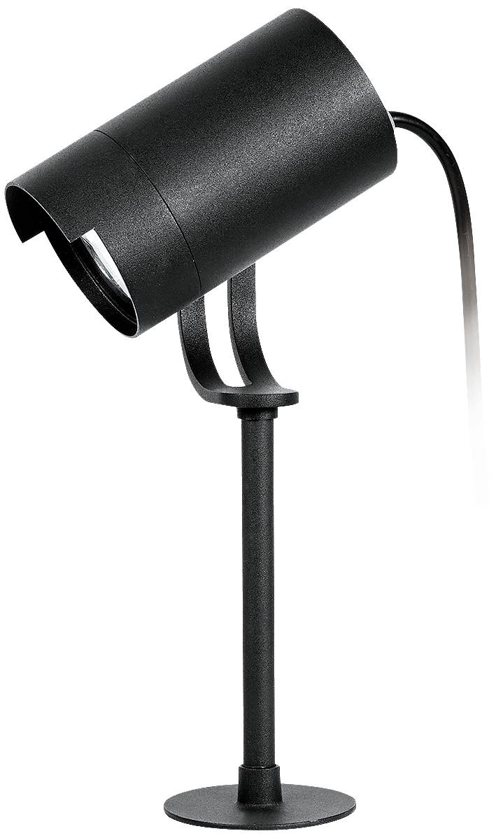 Black floor lamp with a cylindrical lampshade and slender stand, suitable for modern interiors.