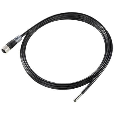A black, flexible endoscope cable with a metal connector and camera at one end, against a white background.