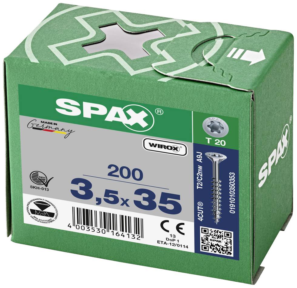 'SPAX' Box with 200 screws, Size: 3.5 x 35 mm, Drive: T20, Material: Wirox coated, Manufactured in Germany.