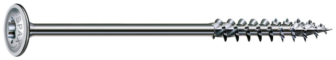 Flat-headed screw with coarse thread, suitable for woodworking. It has a silvery sheen.