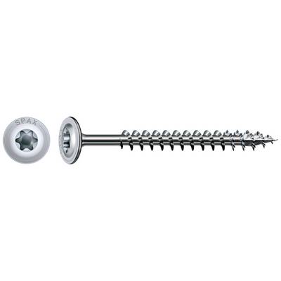 A metal woodscrew with a Torx recess and countersunk head, alongside a top view of the head with the 'SPAX' marking.