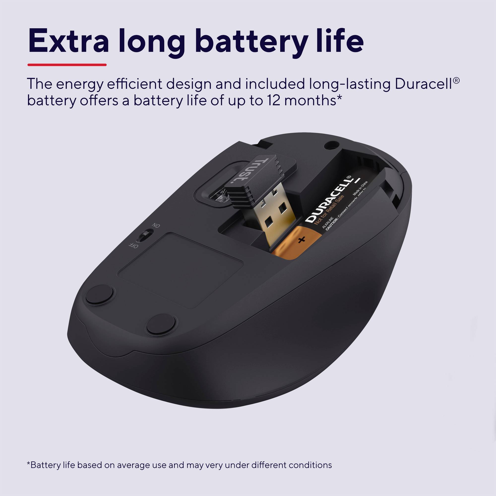 Back of a wireless mouse with battery compartment open. Text in image: 'Extra long battery life'. Mouse contains a Duracell battery, USB receiver.