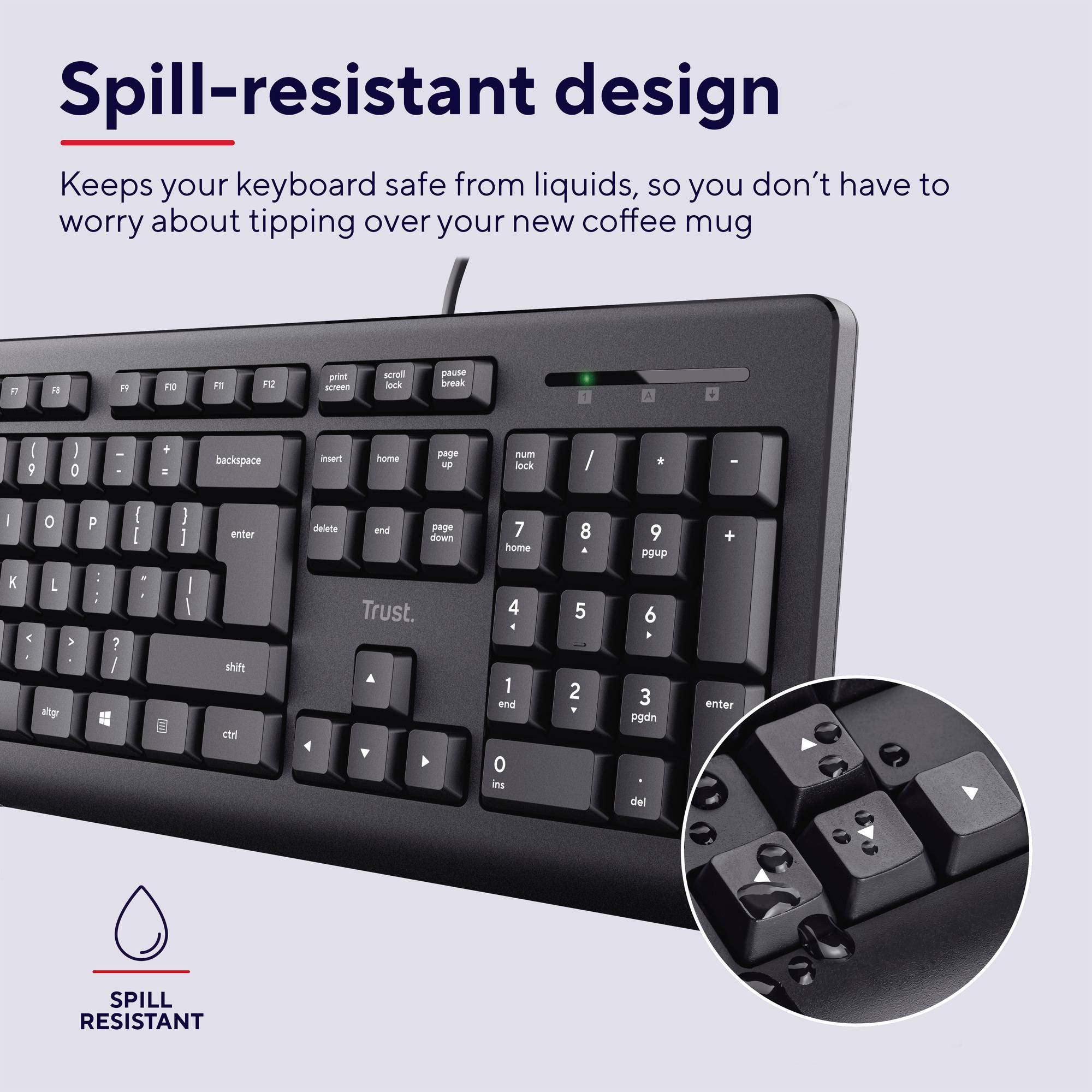 The image depicts a computer keyboard with the inscription 'Spill-resistant design', which is protected against liquids. An enlarged section demonstrates its water resistance.