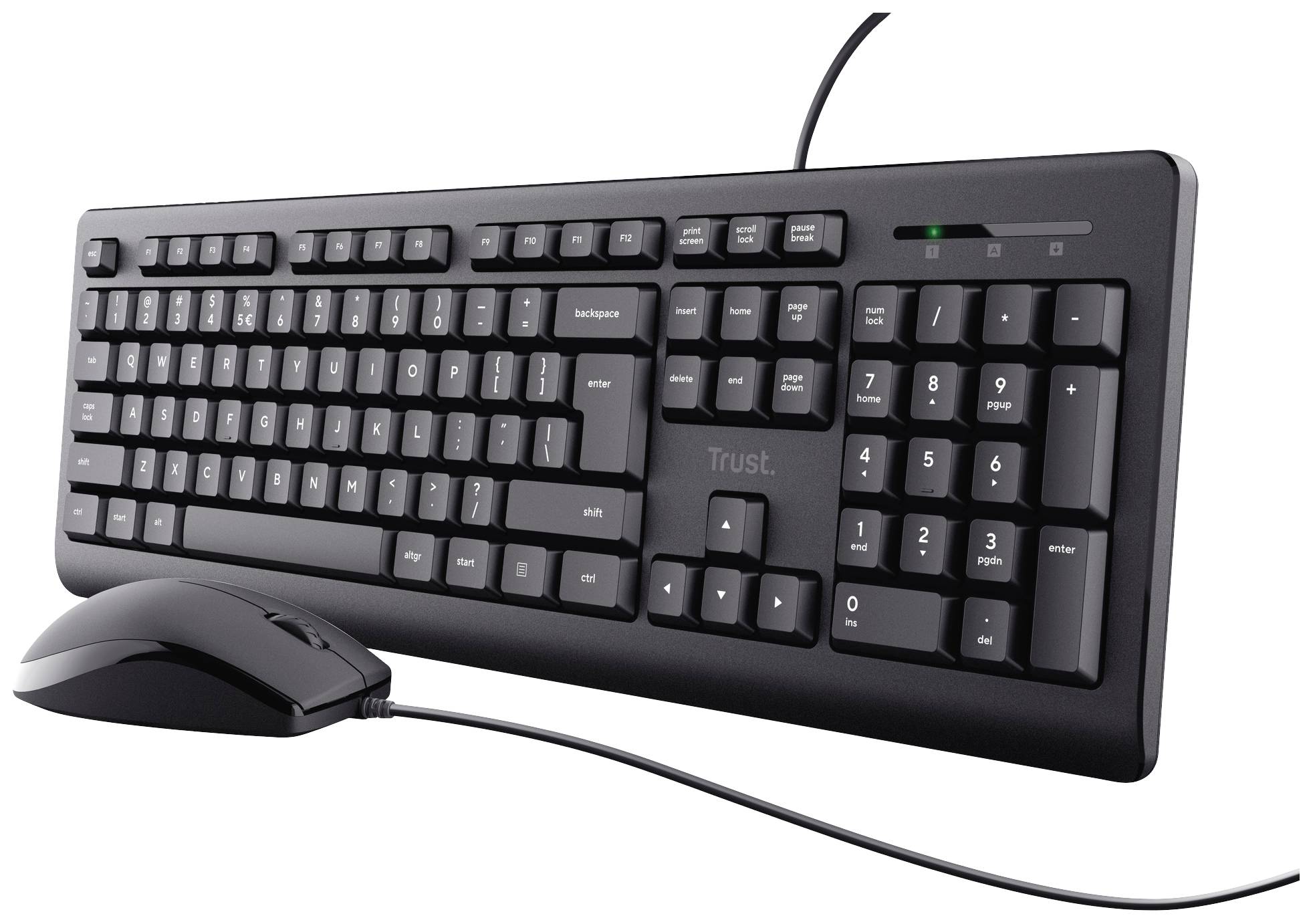 Black wired keyboard and mouse set on a white background. The keyboard features a full number pad and function keys.