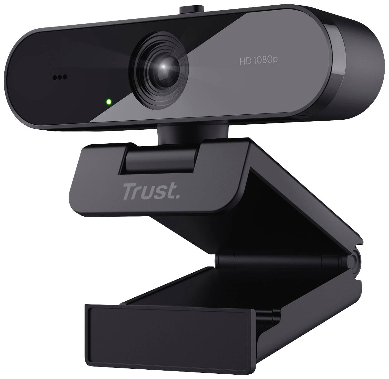 A black Trust webcam with HD 1080p resolution, mountable on a monitor.