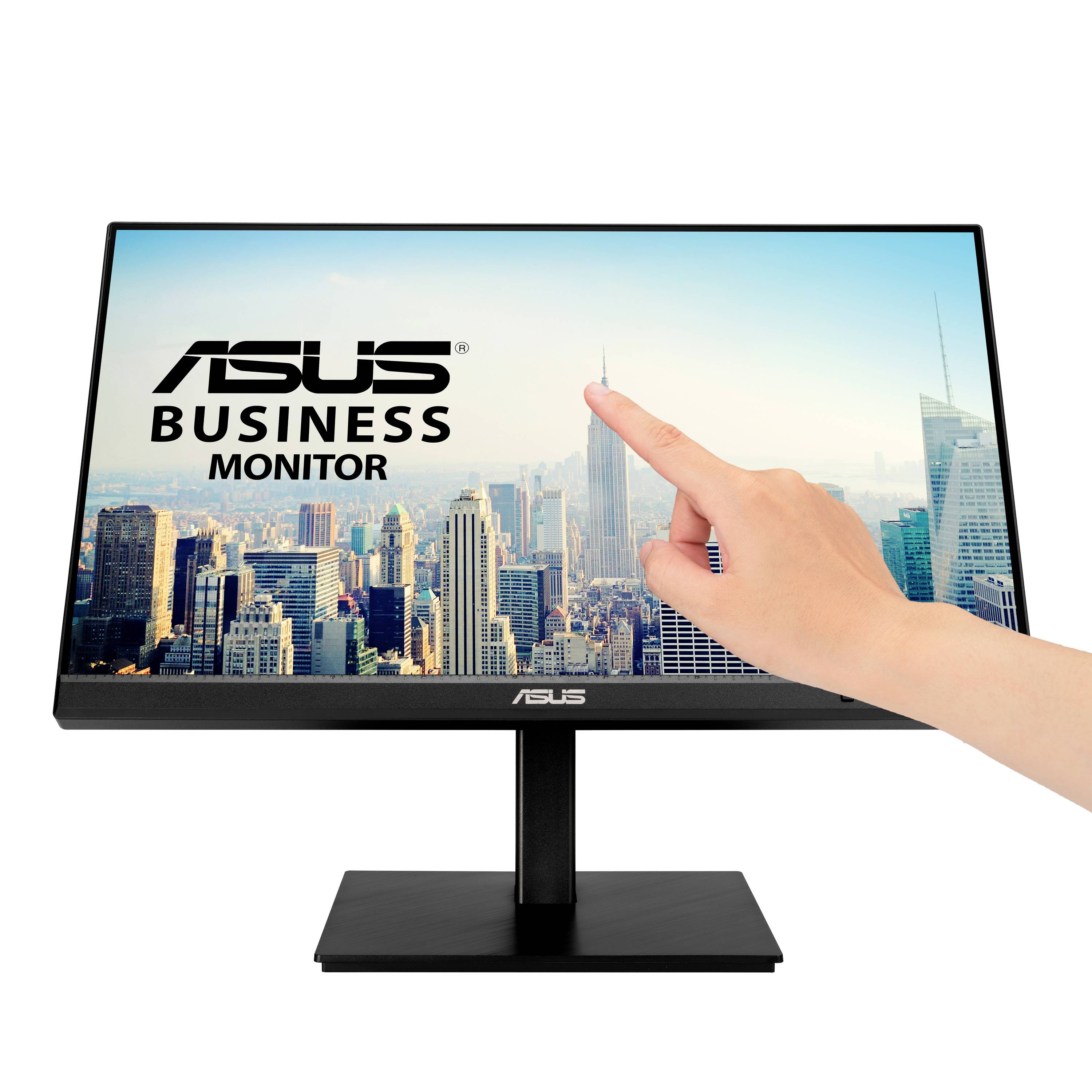 A monitor with a cityscape background and a hand touching the screen. 'ASUS Business Monitor' is displayed on the screen.