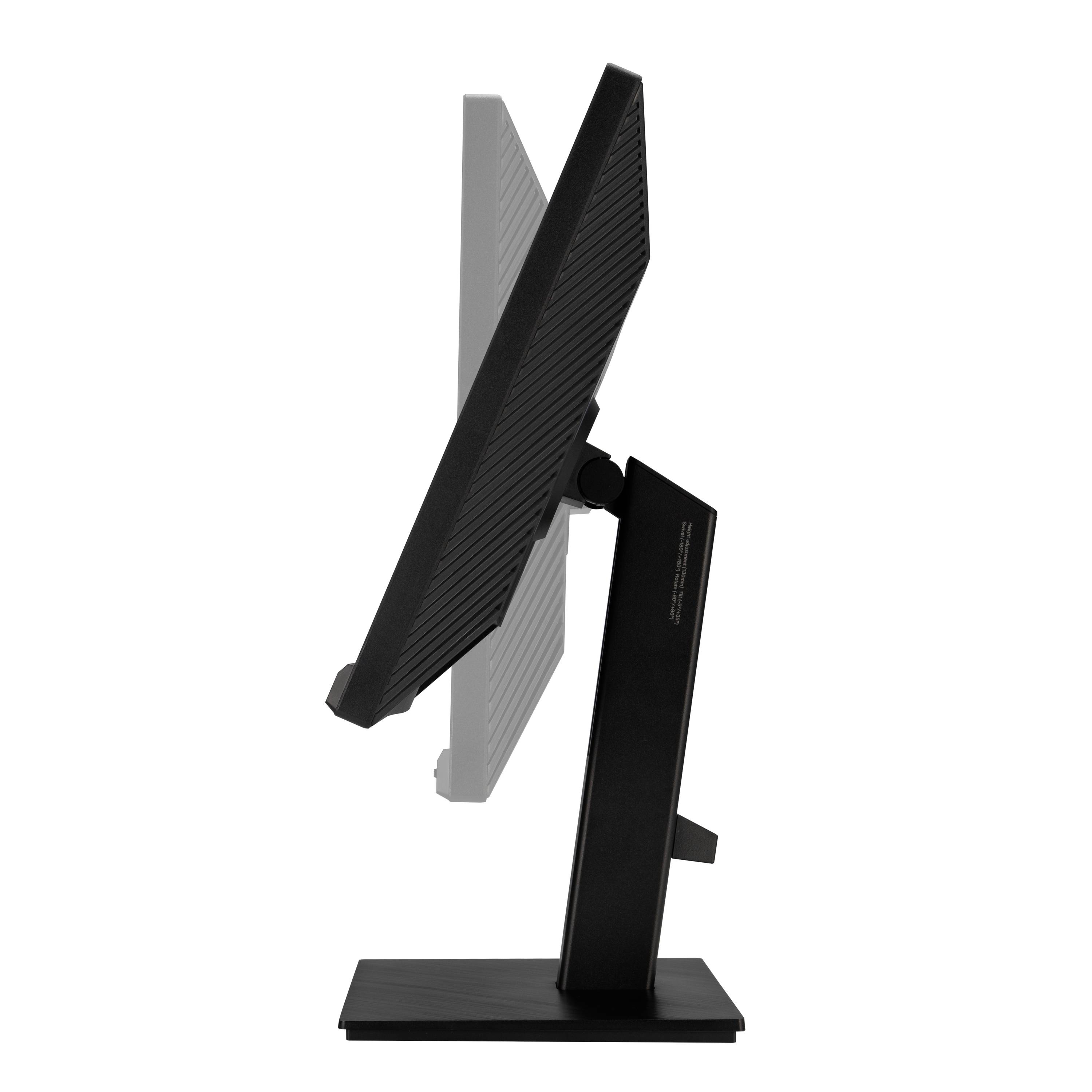 A flat, black computer monitor in profile view, showing an adjustable stand for height customisation.