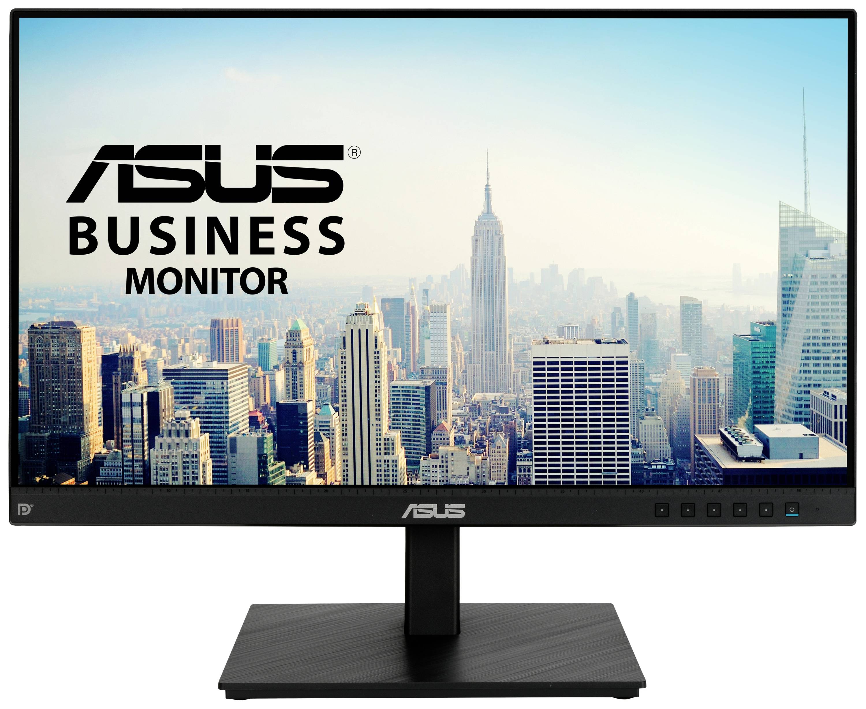 An ASUS Business Monitor displays the New York skyline with the Empire State Building at the centre of the screen.