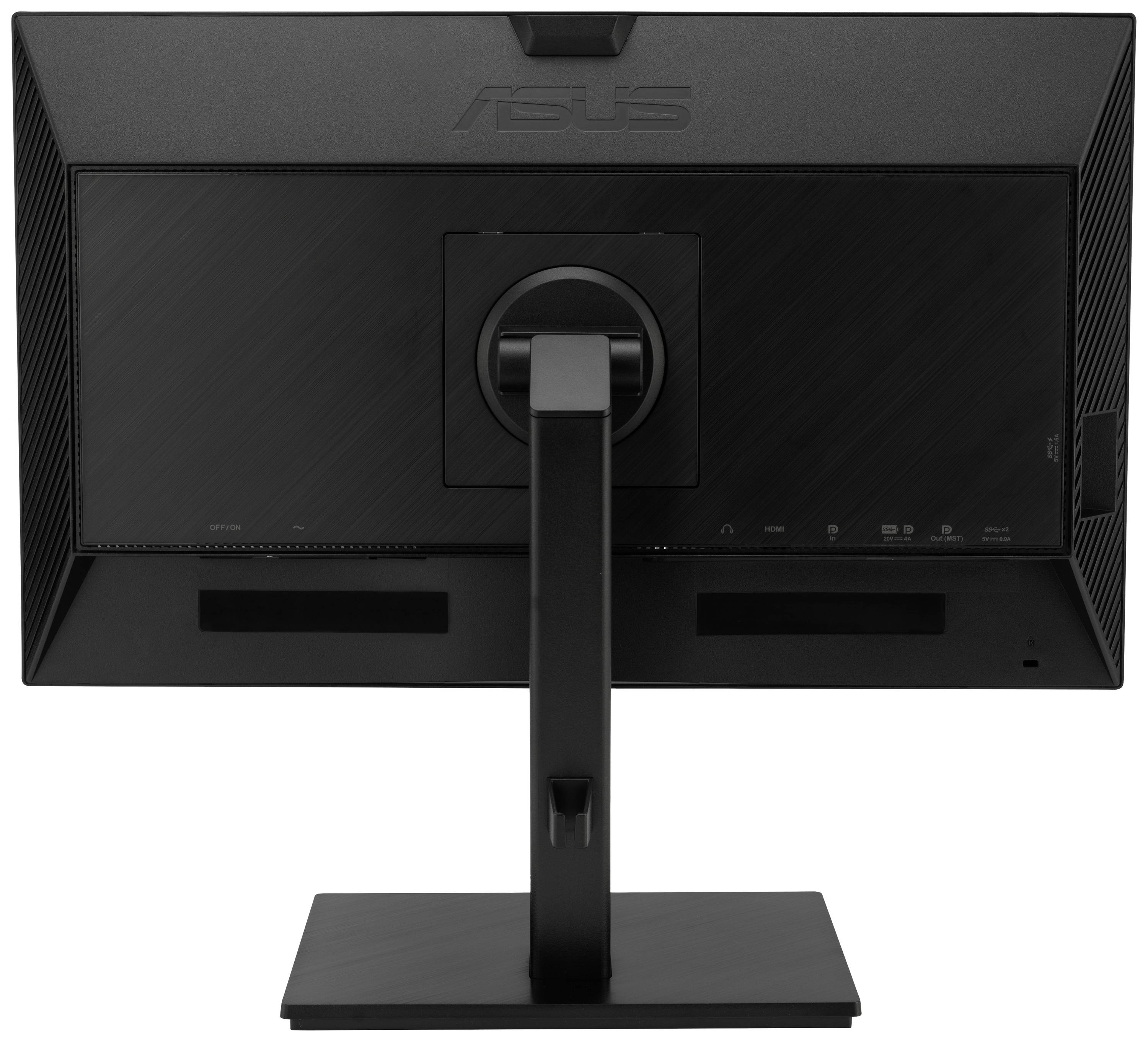 Back of a black computer monitor on a rectangular stand. Brand logo and controls visible.
