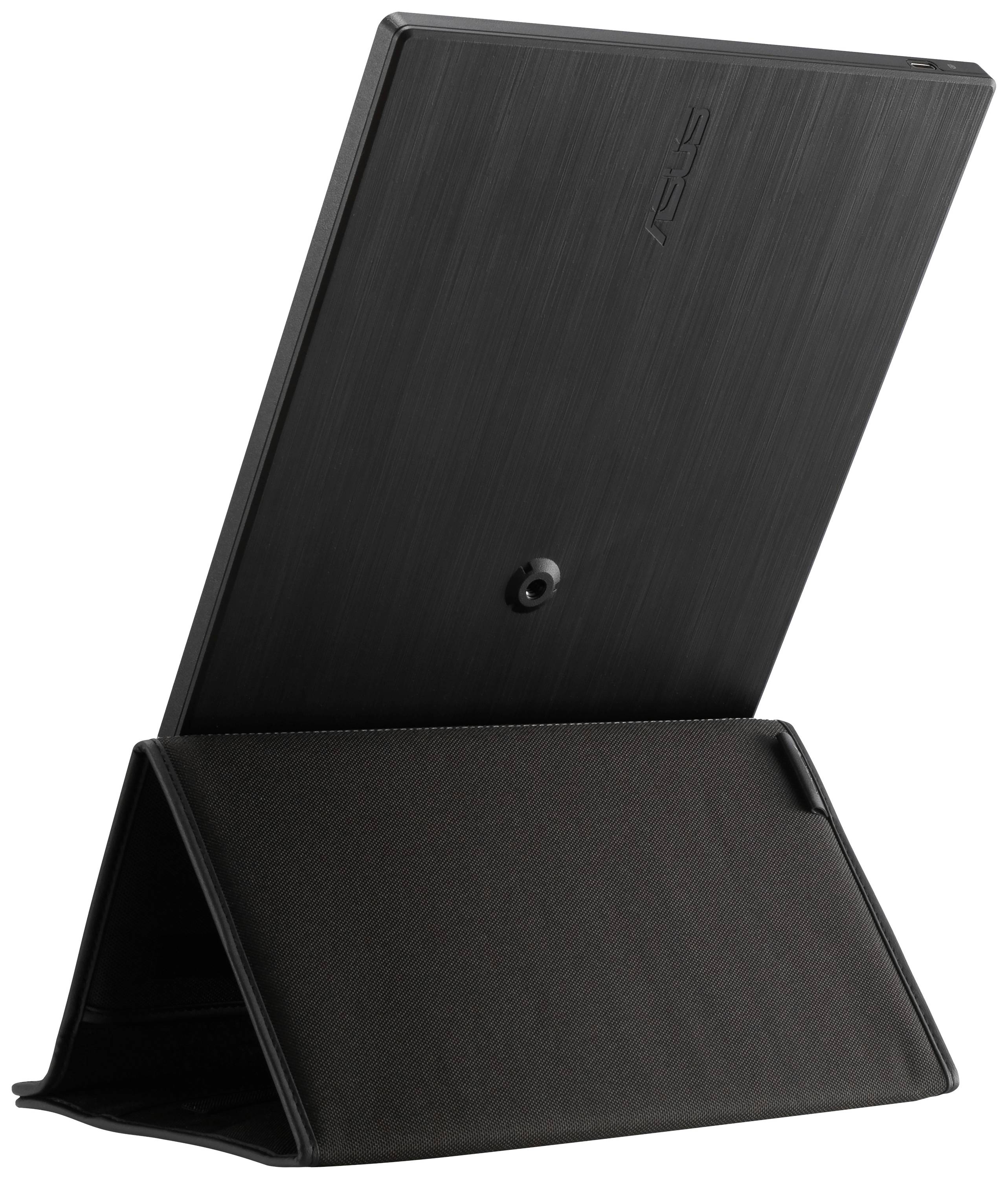 A black tablet case standing upright. The back of the tablet is visible.