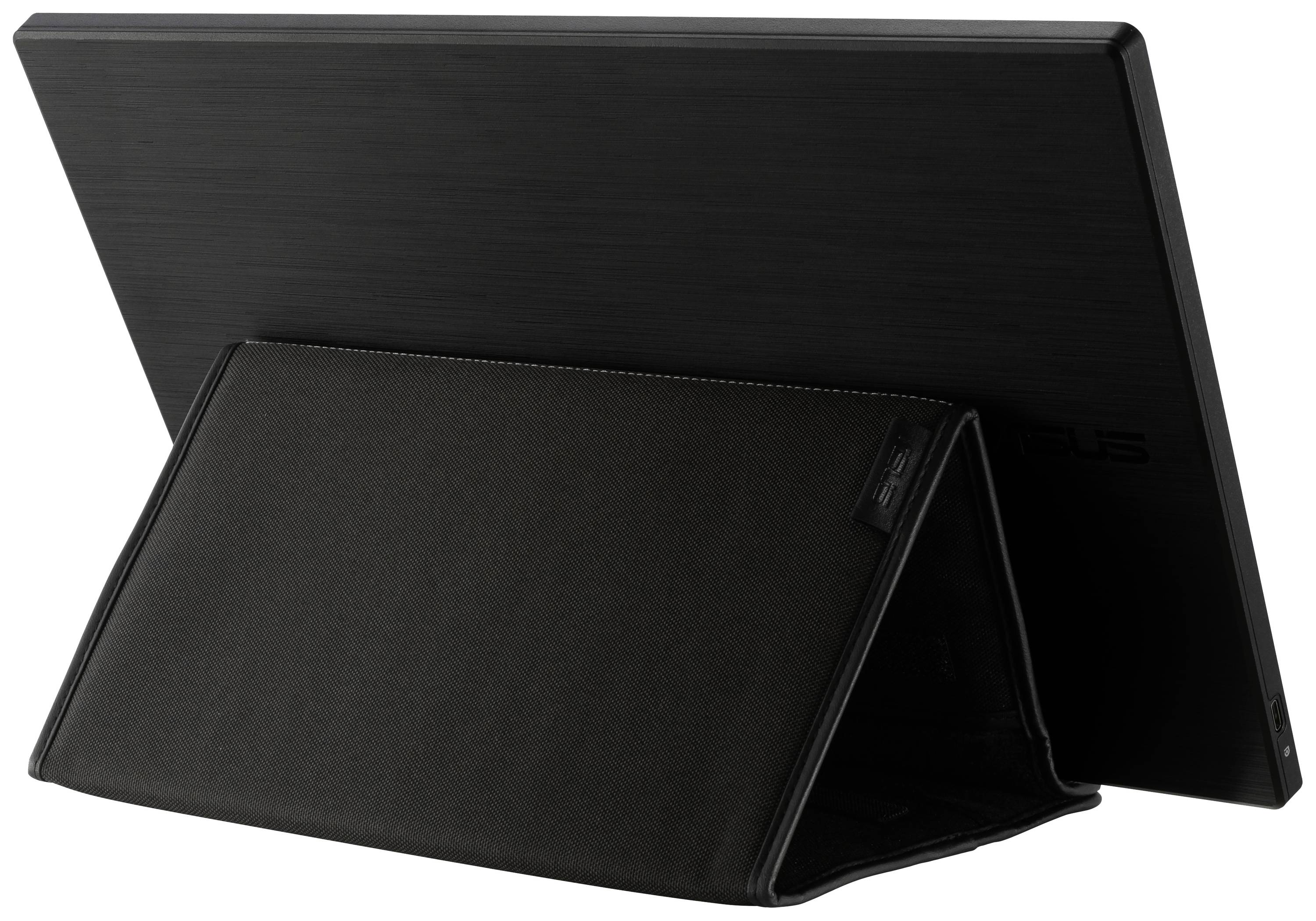 A portable monitor with a black folding stand, pictured from the rear.