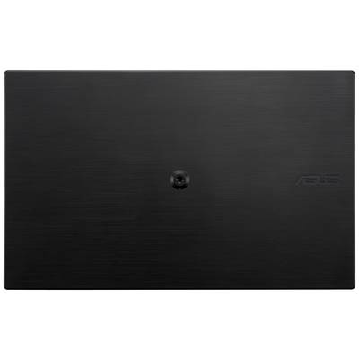 A black laptop lid with texture and a centrally positioned hinge. The logo of a well-known electronics brand is located on the right-hand side.