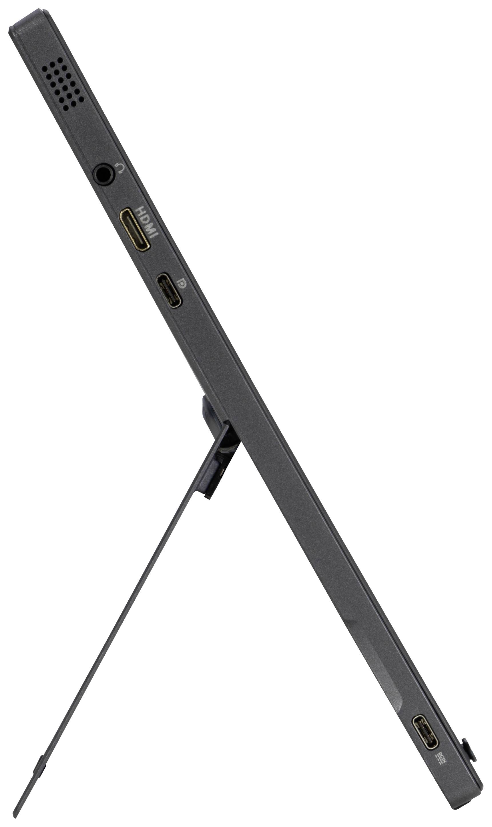 'Side view of a tablet with a stand, showing connections and slim design.'