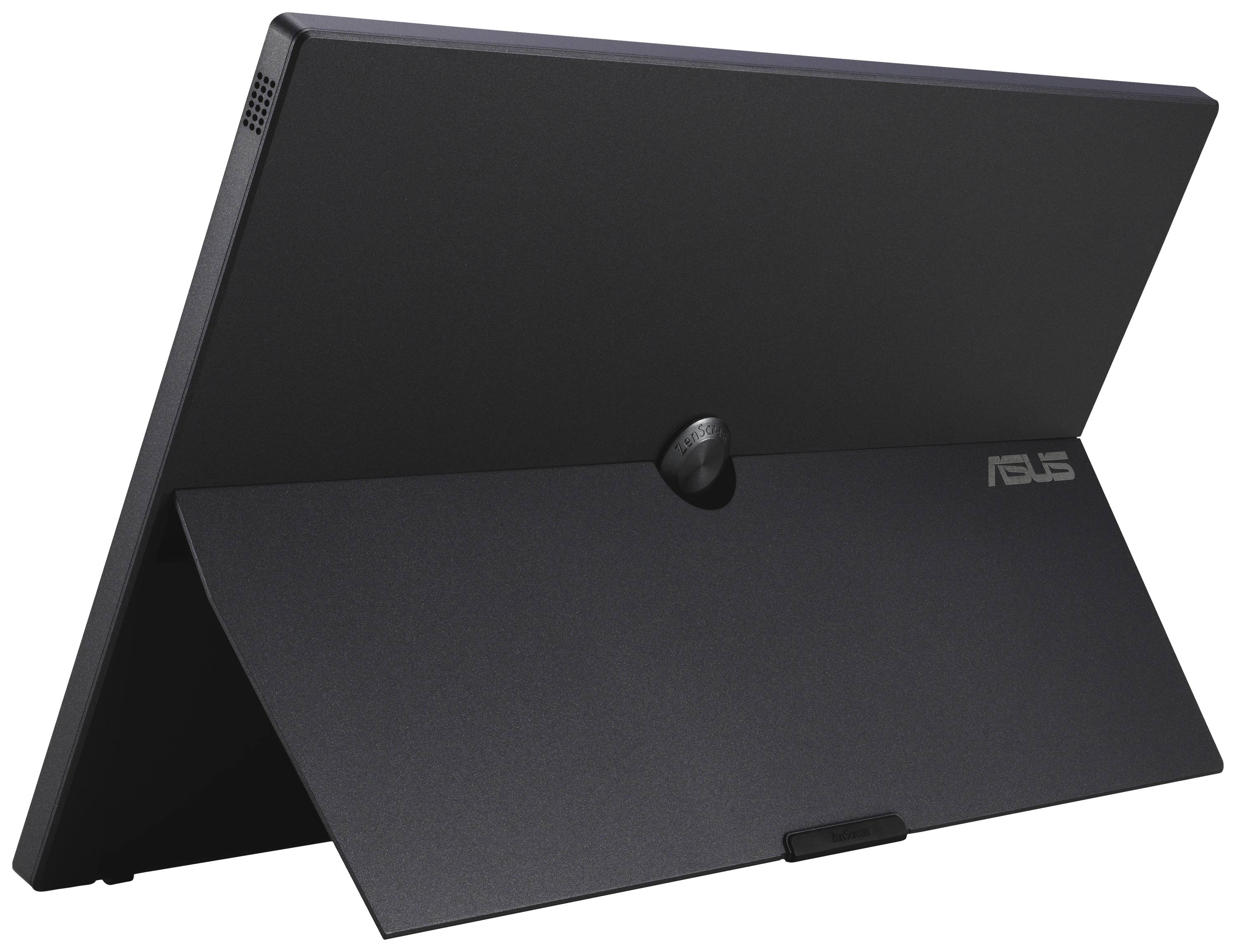 A black monitor viewed from behind with an ASUS branded stand. The monitor is positioned on a table.