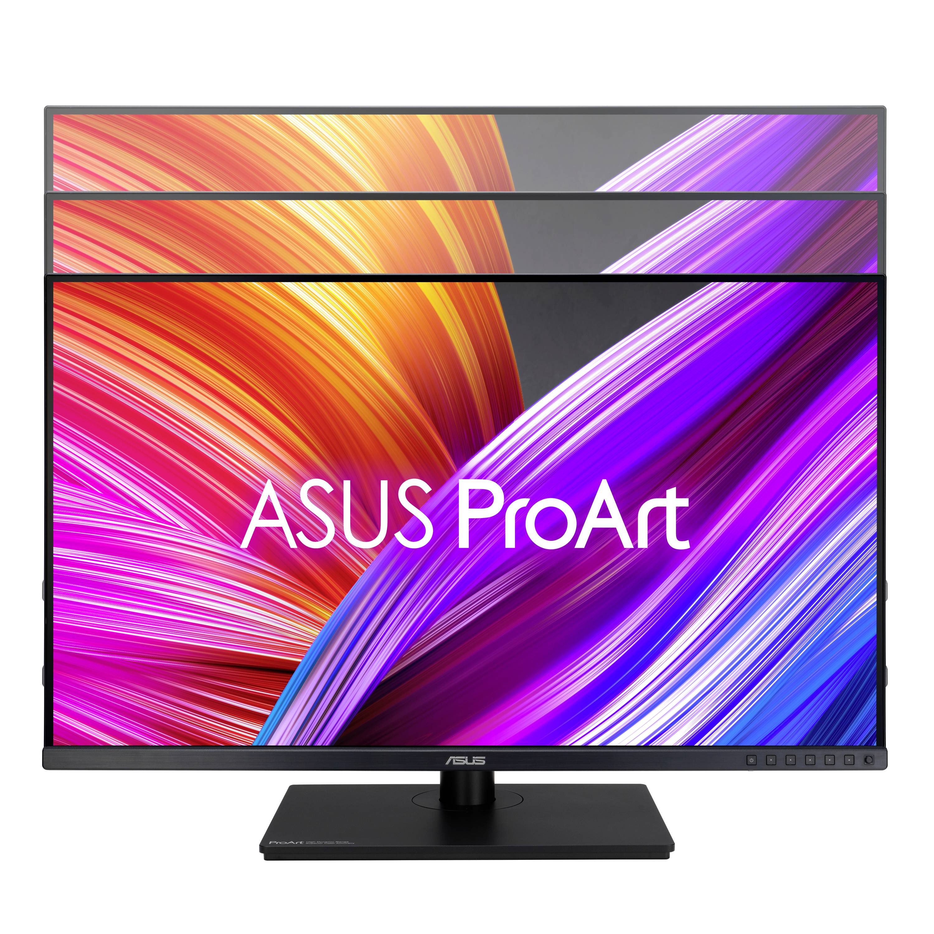 A computer screen displays colourful, curved lines and the text 'ASUS ProArt', identifying the monitor as part of the ProArt series.