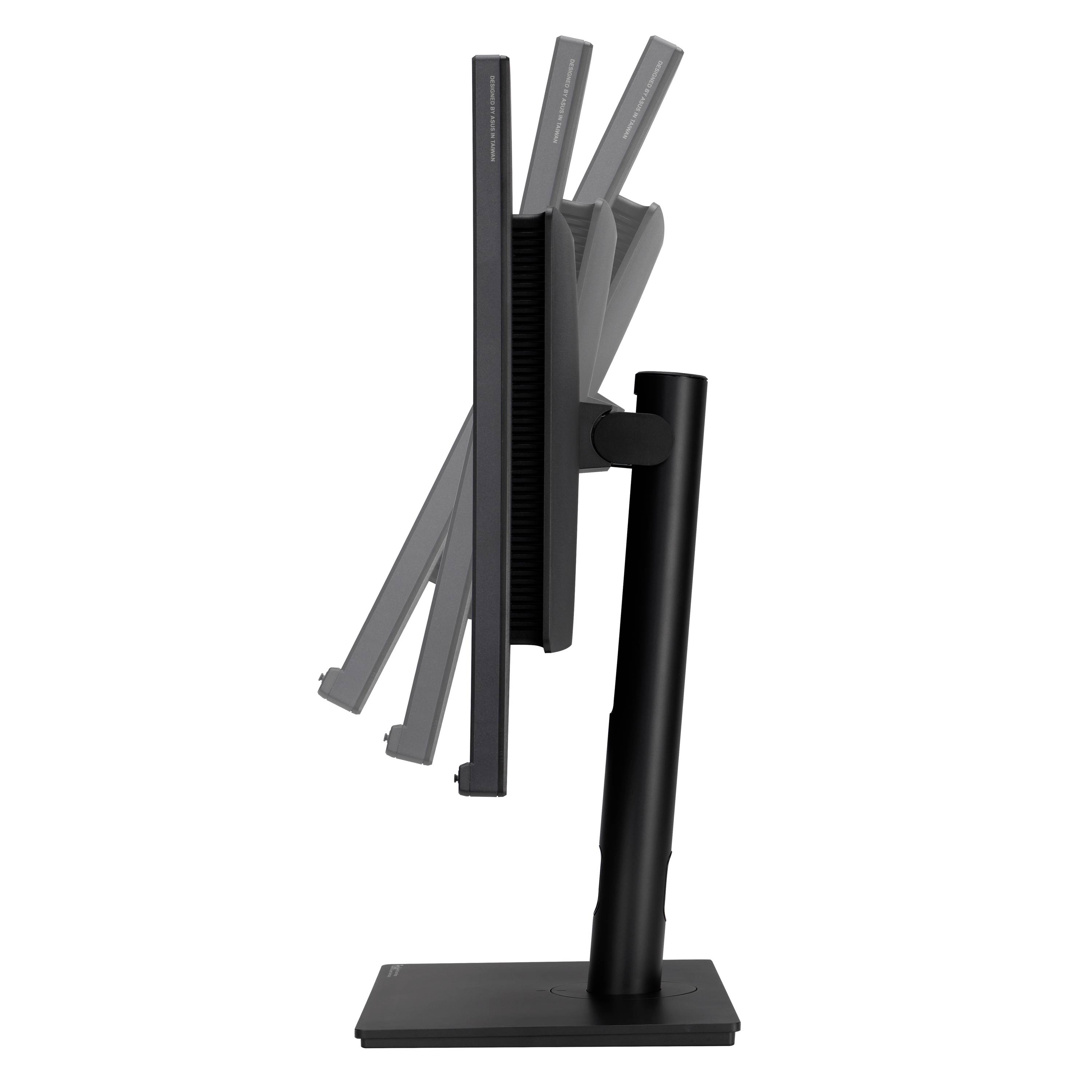 A computer monitor with an adjustable stand is shown from the side. The screen can be tilted up and down.