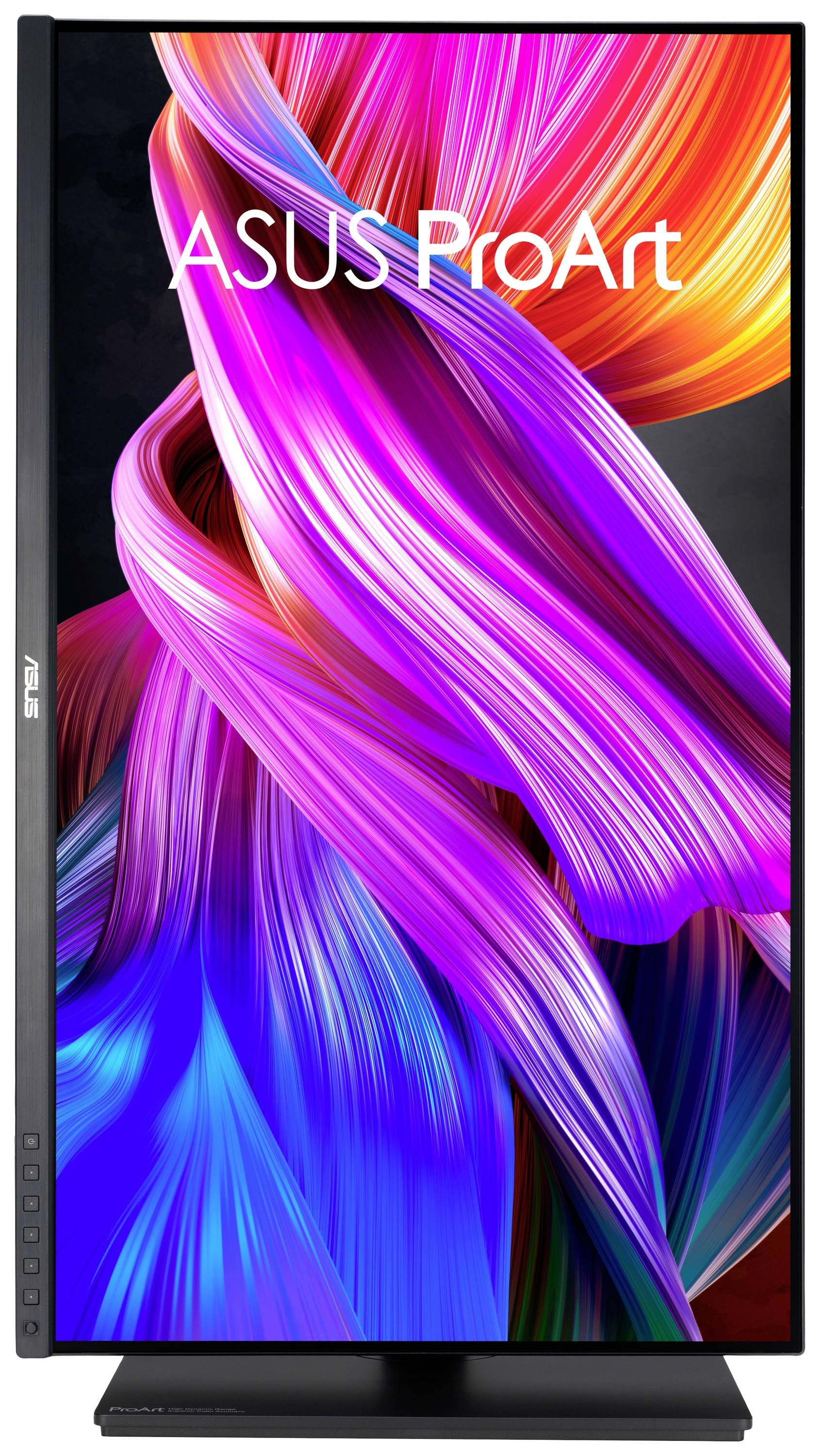 An ASUS ProArt monitor with a colourful, abstract background displays luminous, intertwined colour bands in violet, pink, and blue.