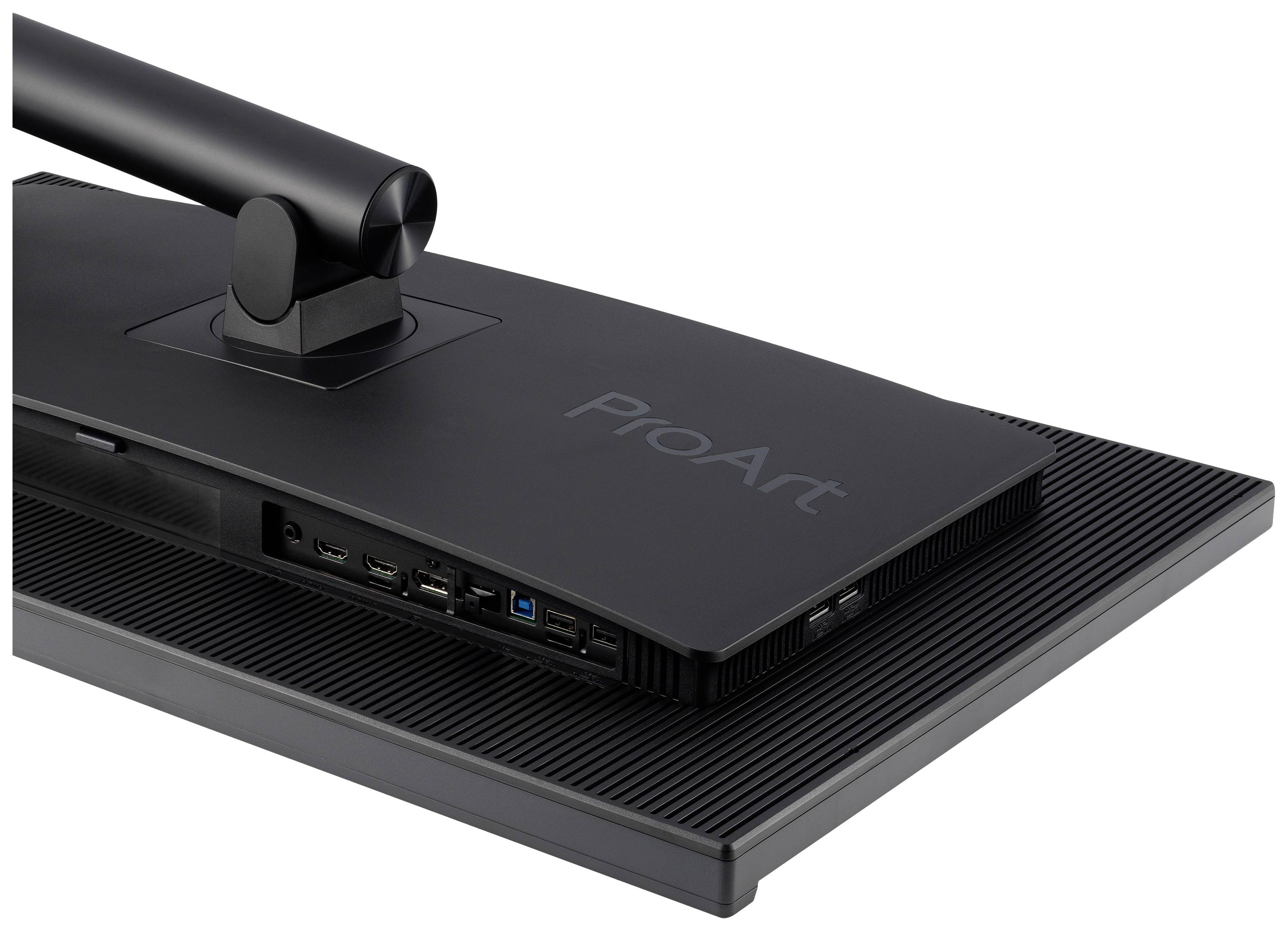 'Back of a black computer monitor with multiple ports and the ProArt branding.'