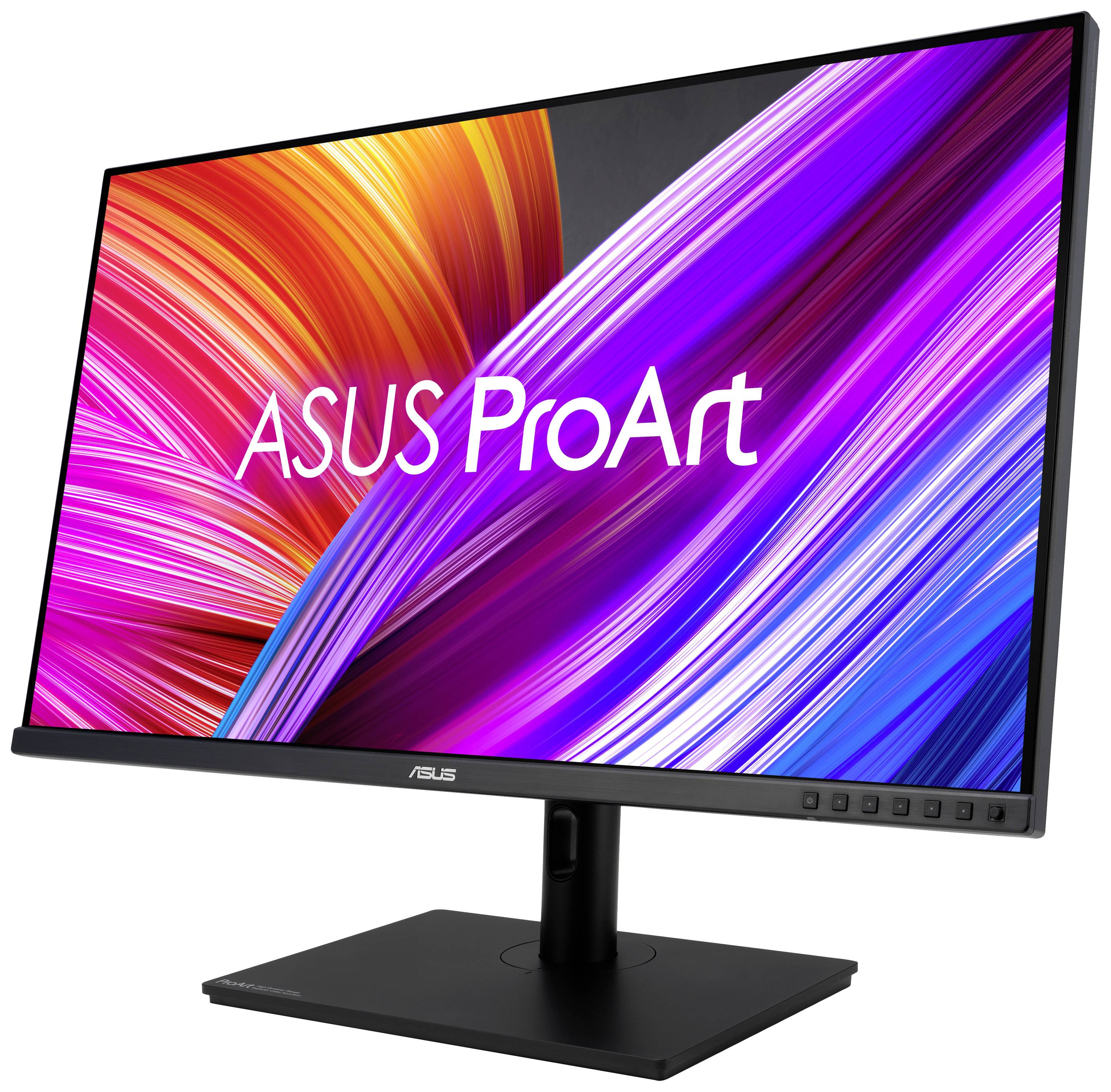 An ASUS ProArt monitor with luminous, colourful waves as a background on the screen, suitable for creative professionals.
