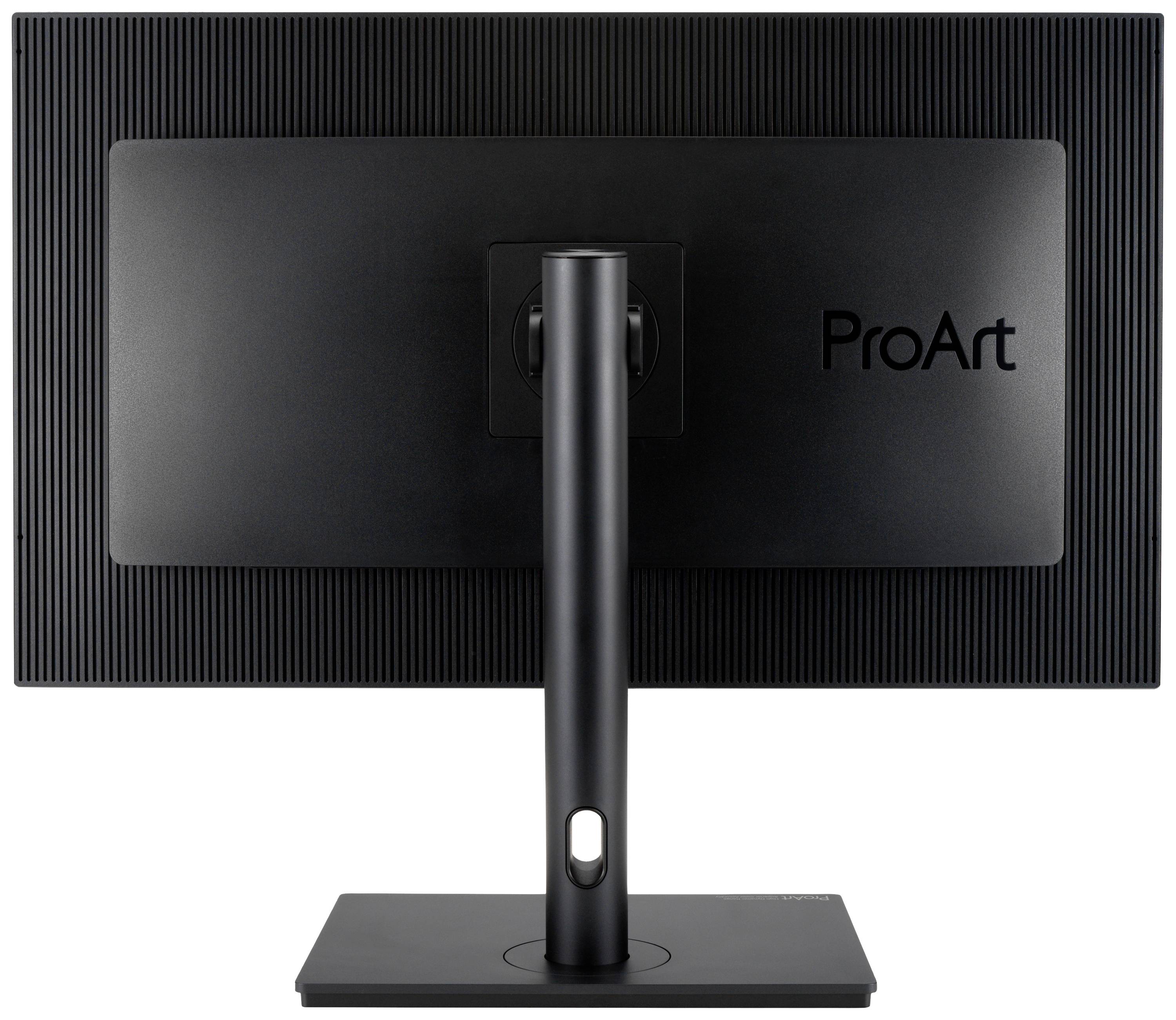 Back of a black monitor with 'ProArt' lettering visible on the right side, mounted on a sturdy stand.