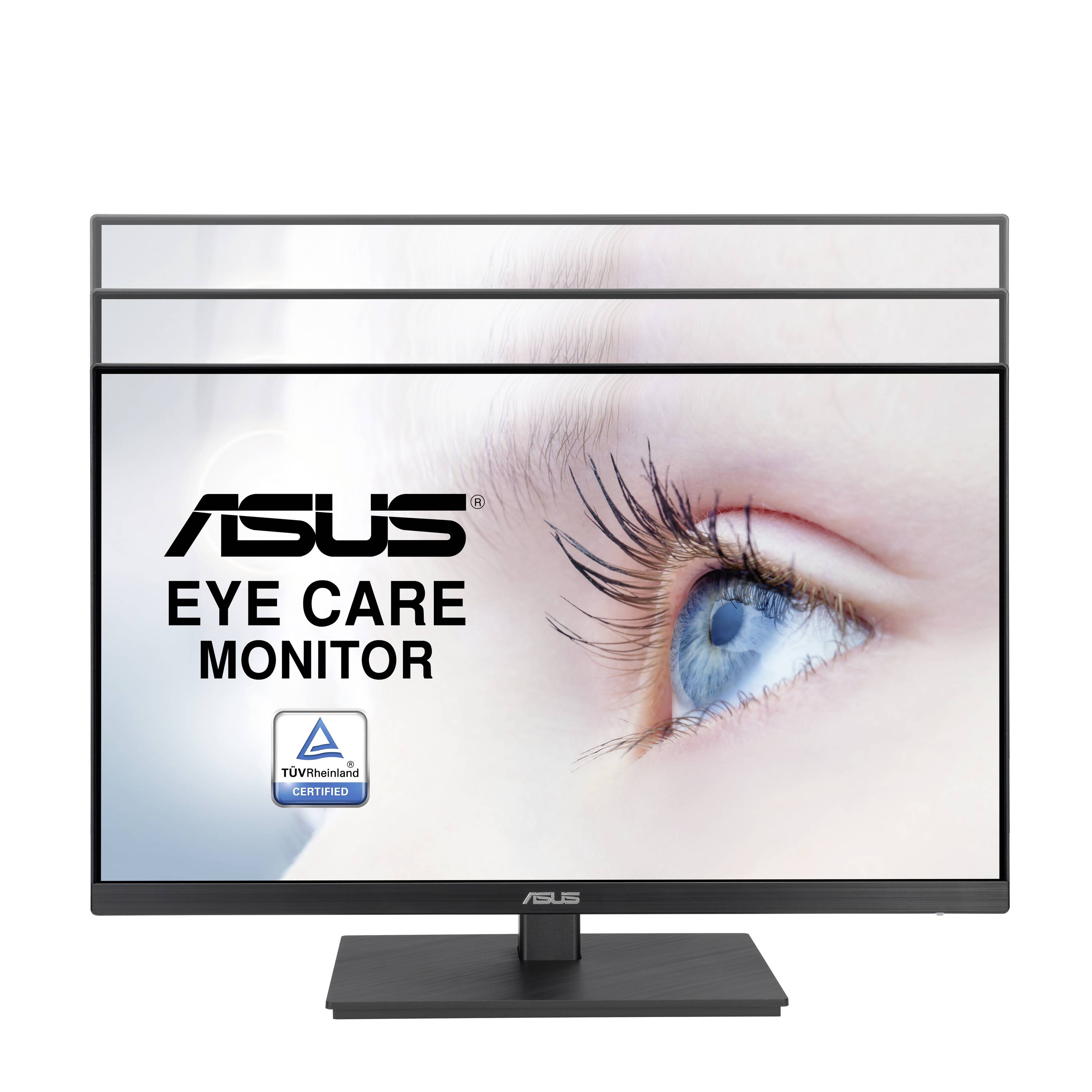 An ASUS monitor with the inscription 'Eye Care Monitor' and TÜV certification logo. Next to the text is a large, blue eye.