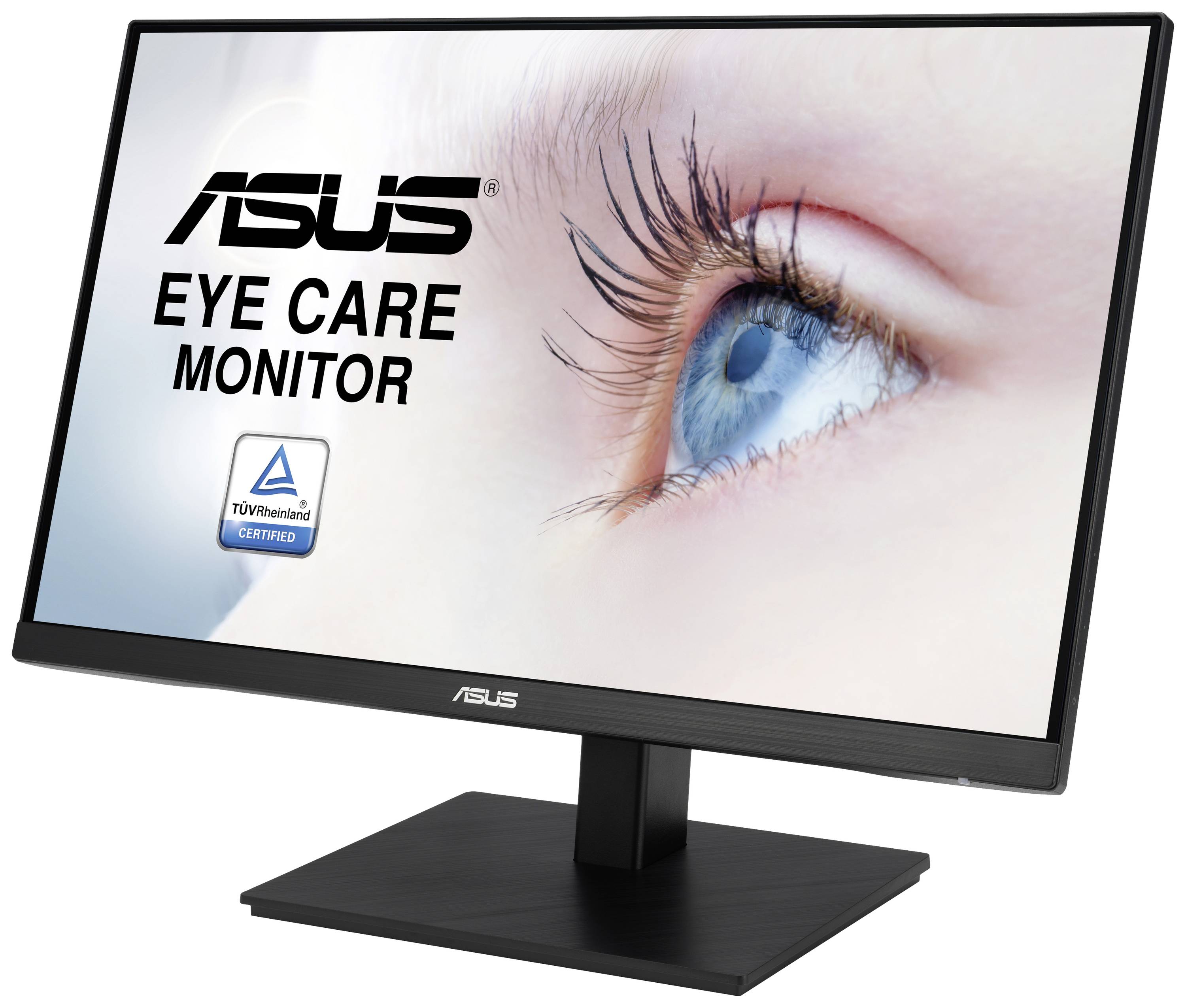 Monitor with the inscription 'ASUS Eye Care Monitor' and TÜV Rheinland certificate. Close-up of an eye on the screen.