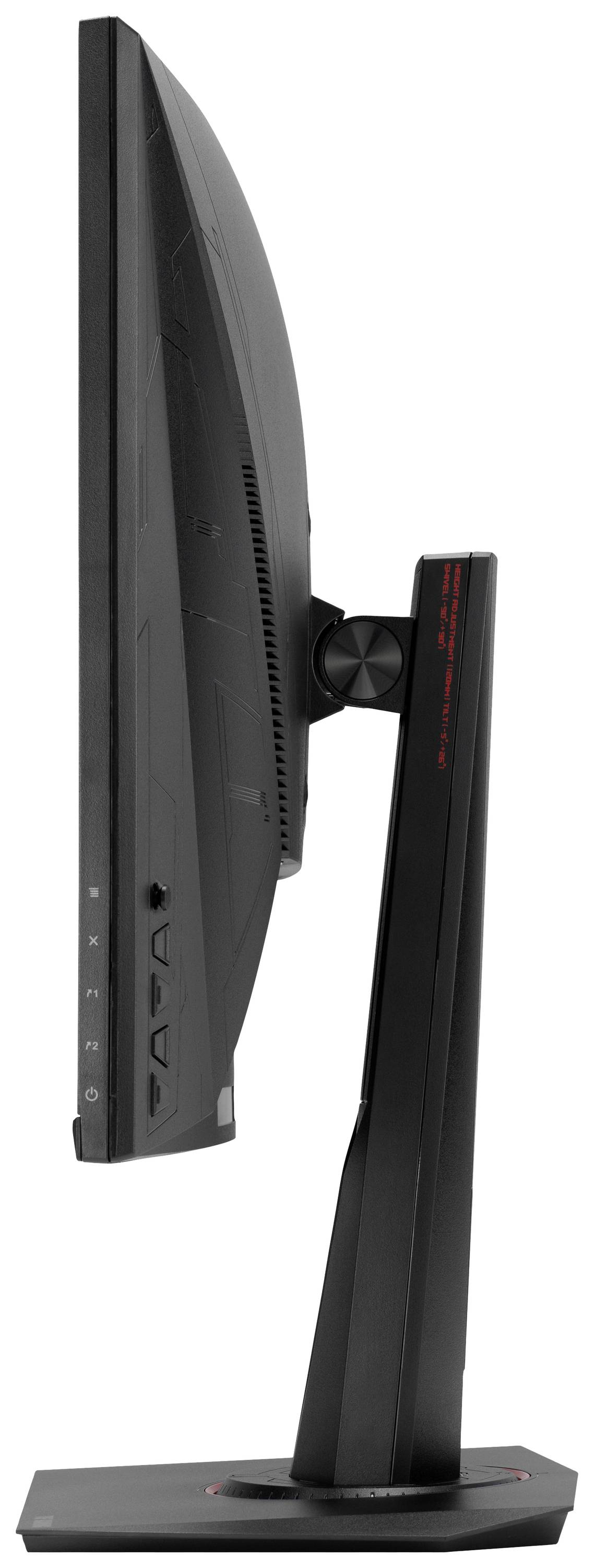 Side view of a black computer monitor with a sleek design, mounted on an adjustable stand.