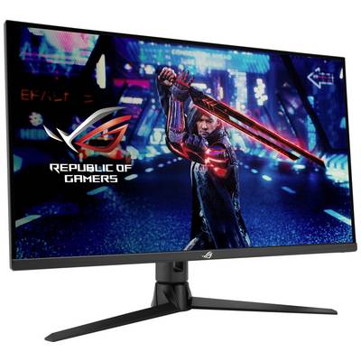 A gaming monitor displays the 'Republic of Gamers' logo on a sci-fi background with a figure holding a glowing sword.
