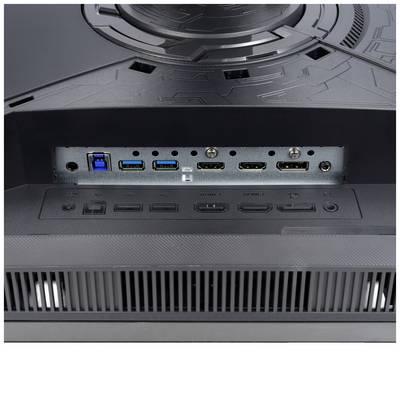Back of a monitor with various ports: two USB ports, HDMI port, DisplayPort, power connection, and headphone jack.