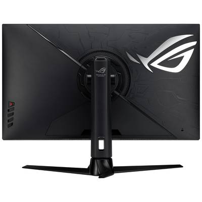 A black gaming monitor from behind with a distinctive silver logo positioned in the top right corner. The stand in the centre allows height adjustment.