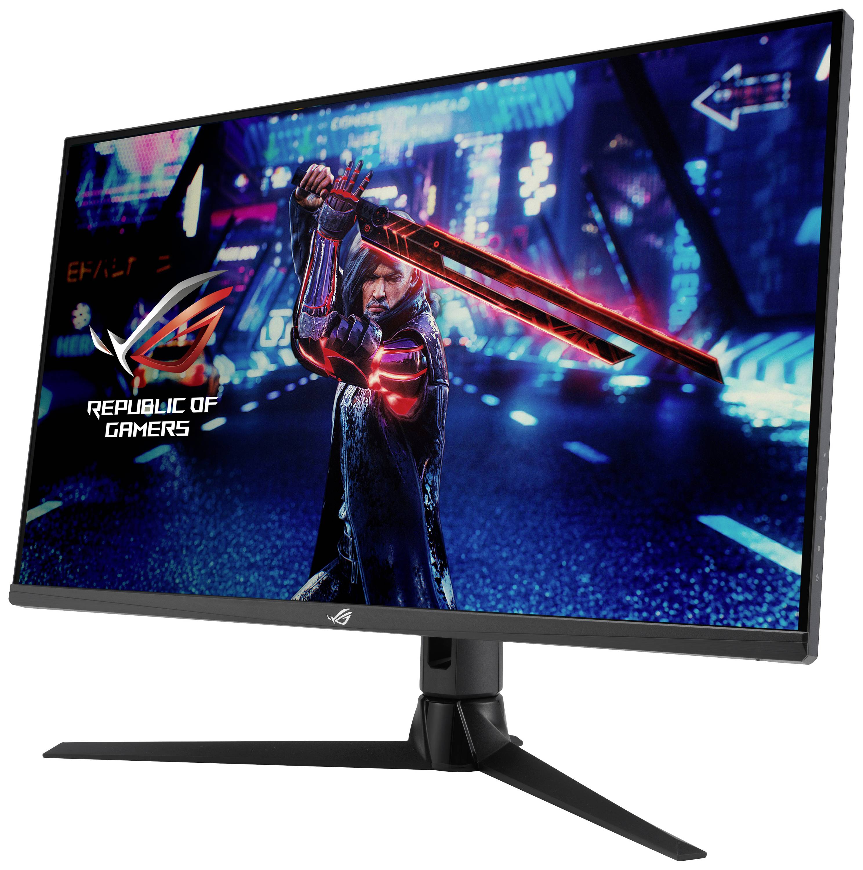 A gaming monitor displaying a futuristic image of a swordsman on the screen, beneath the 'Republic of Gamers' logo.