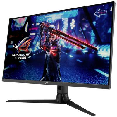 A gaming monitor displaying a futuristic image of a swordsman on the screen, beneath the 'Republic of Gamers' logo.