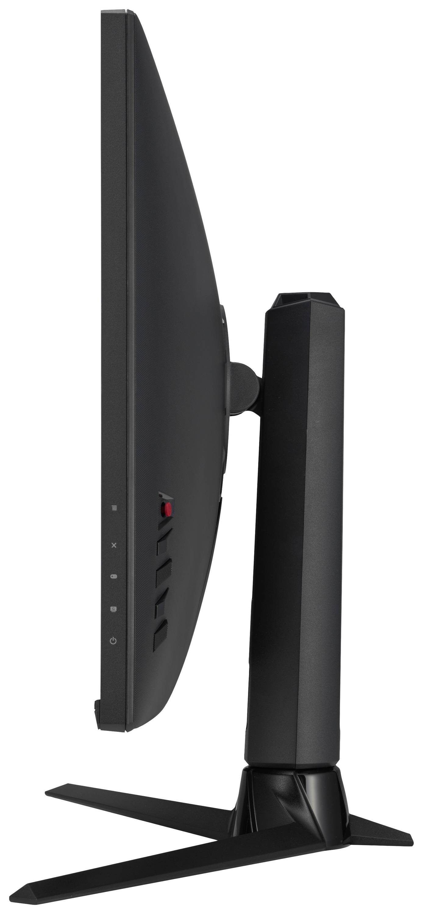 Flat computer monitor with a black frame, side view, showing a slim profile and sturdy stand.