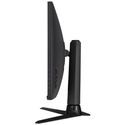 Flat computer monitor with a black frame, side view, showing a slim profile and sturdy stand.