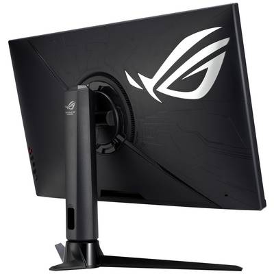 A black computer monitor viewed from behind, featuring a large, stylised logo on the rear panel and a sturdy stand.