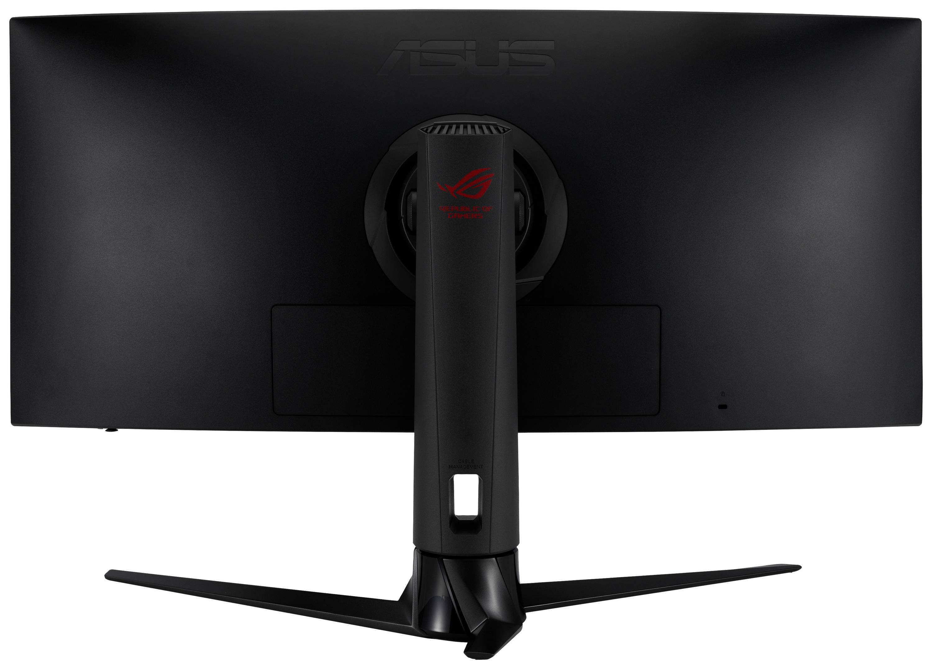A black, curved computer monitor viewed from behind, with a central stand and the manufacturer's red logo.