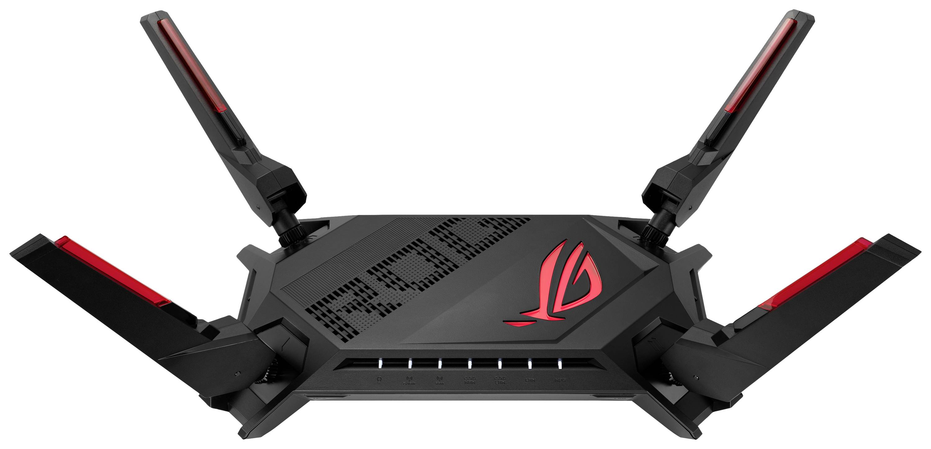A black, futuristic router with four protruding aerials and a red logo in the centre.